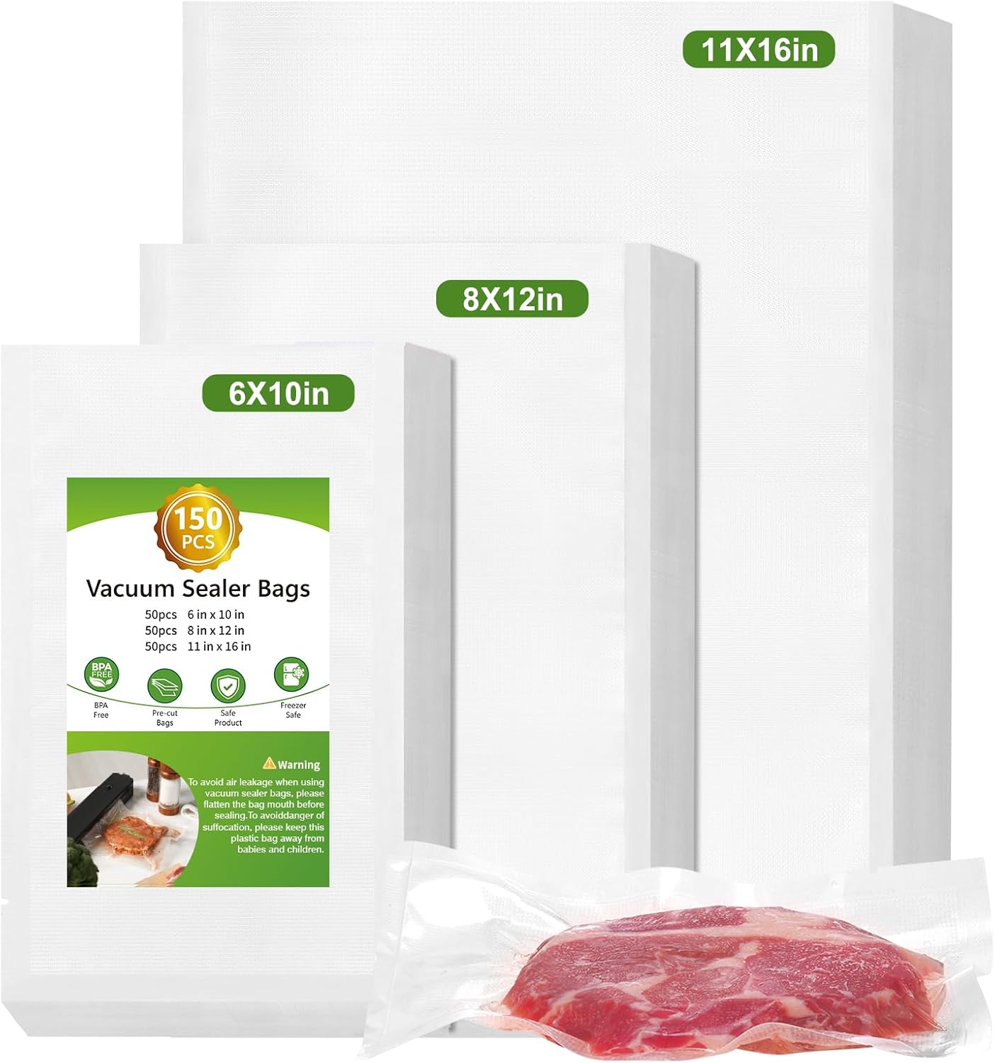 100-500 Vacuum Sealer Bags – Embossed, 4mil, Clear – Sizes 6x10, 8x12, 11x15.7 – BPA Free