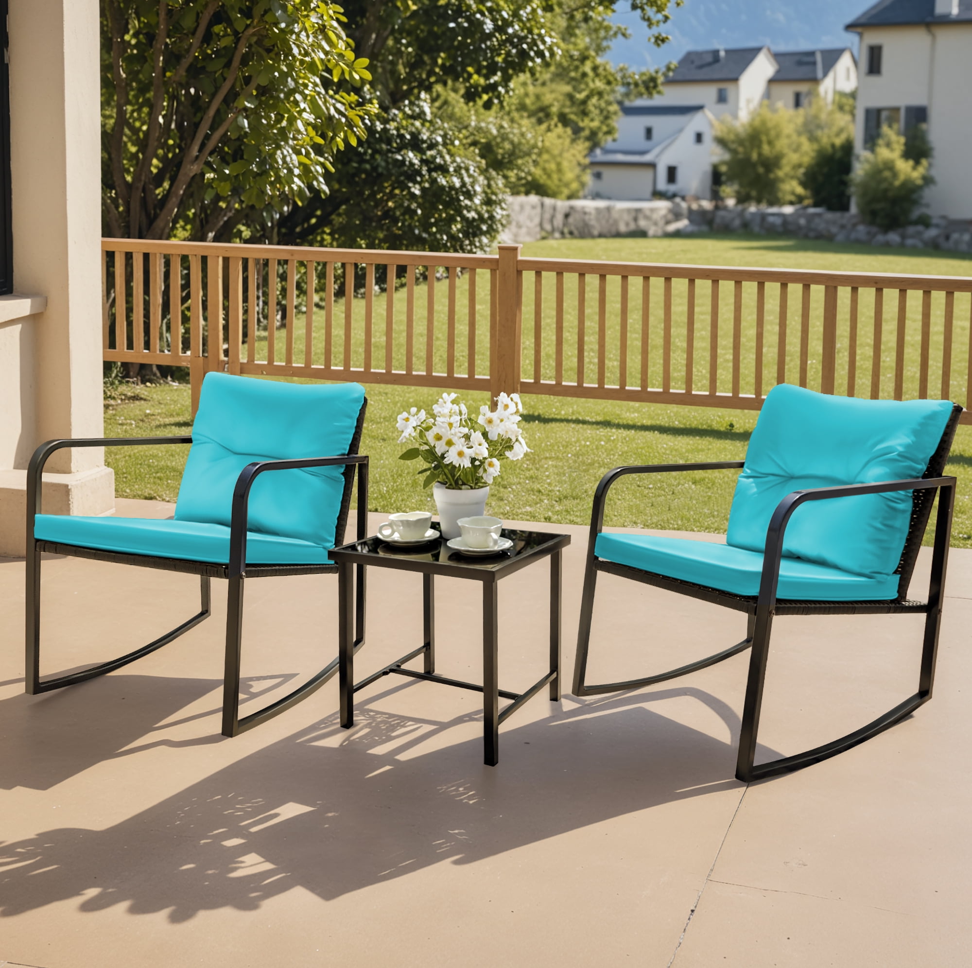 Devoko 3 Pieces Rocking Patio Furniture Sets Outdoor Rocking Chair PE Rattan Bistro Rocker Conversation Sets with Coffee Table for Garden,Blue