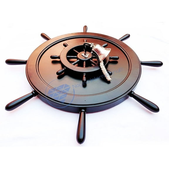 Large Vintage Premium Matte Black Pregnant Ship Wheel with Polished Aluminum Bell - Captain Maritime Beach Home Decor Gift - Nagina International (18 Inches)