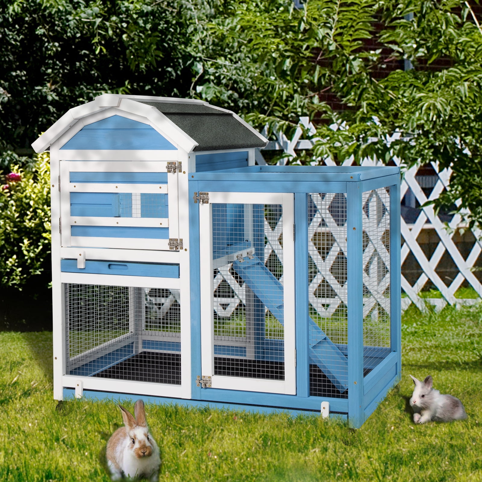 PETSCOSSET 37.52" Rabbit Hutch Bunny Cage Guinea Pig House with Wheels