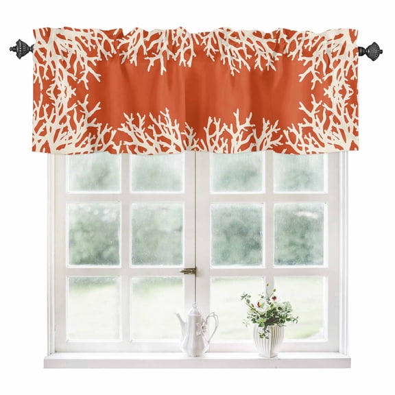 Coastal Coral Kitchen Valances for Windows 42x18 Inch Kitchen Curtains Valances Rod Pocket Orange White Ocean Marine Nautical Beach Bathroom Window Valances for Window Treatment Decor