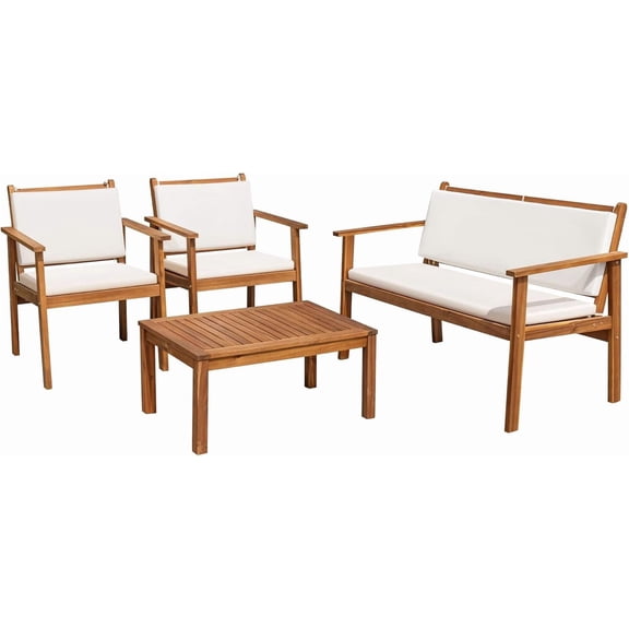 Patio Furniture 4 Piece Outdoor Acacia Wood Patio Conversation Sofa Set with Table & Cushions Porch Furniture for Deck, Balcony, Backyard