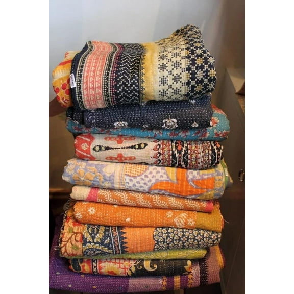 Boho Cotton Throw Blanket 85''x55'', Soft Lightweight Blanket for Couch, Bed, Travel, Picnics, Home Decor 10 Pcs Kantha Quilts