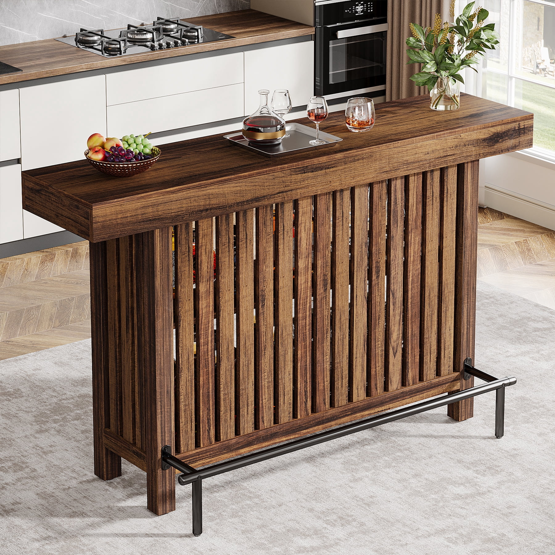 Tribesigns Home Bar Unit, Modern 2-Tier Bar Table with Footrest, Corner Mini Coffee Bar Cabinet for Home Kitchen Pub, Brown