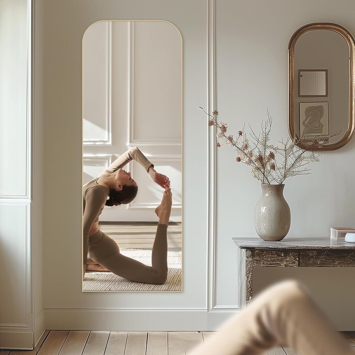 Easy4Home 64"x21" Arched Full Length Mirror Metal Frame Freestanding Mirror Wall-Mounted, Gold