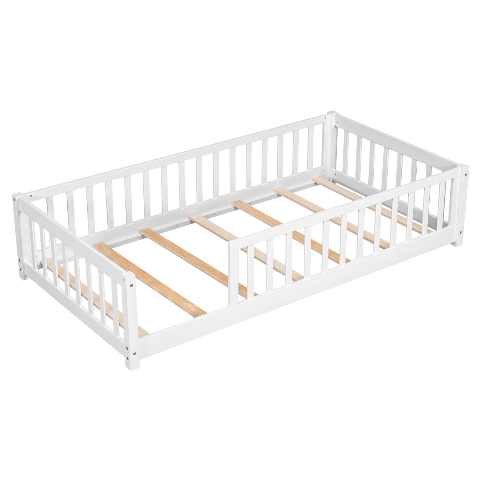 Twin Floor Bed with Fence for Kids, Solid Pine Wood Montessori Bed Frame with Guardrails and Slats System, Playhouse Design Platform Bed for Children Bedroom, Without Door, Easy Assemble,White