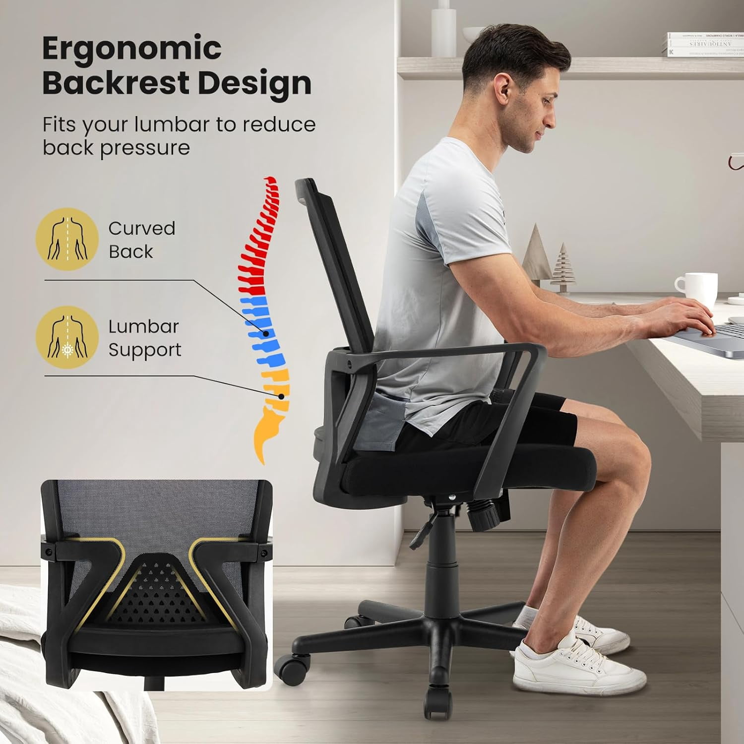 MOONMISS Office Desk Chair with Lumbar Support, Ergonomic Mesh Office Chair with Wheels and Armrests, Mid Back Rolling Swivel Adjustable Task Chair, Executive Computer Chair for Home Office, Black