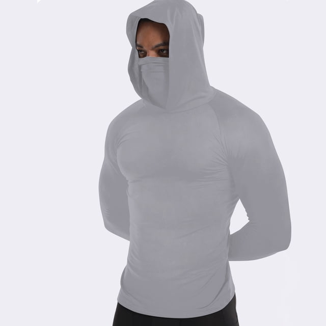 Xdegoge Hooded Shirt for Men Long Sleeve Quick Dry Sun Protection Rash Guard with Built In Face Mask Compression Slim Fit Workout Top Breathable Lightweight Gym Running