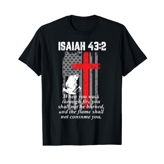 Thin Red Line Firefighter Cross Bible Verse American Flag T-Shirt Small