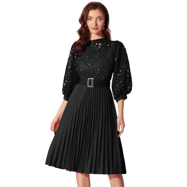 Vestido de encaje floral Allegra K Negro XS 3/4 mangas