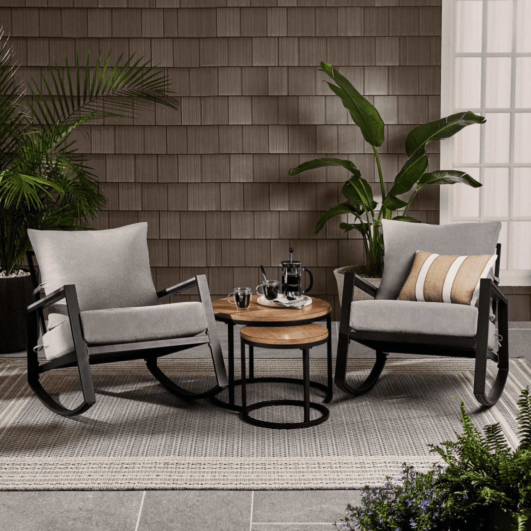 Better Homes & Gardens Marlow Outdoor 2pk Patio Rocking Chairs, Black Frame/Gray Cushion