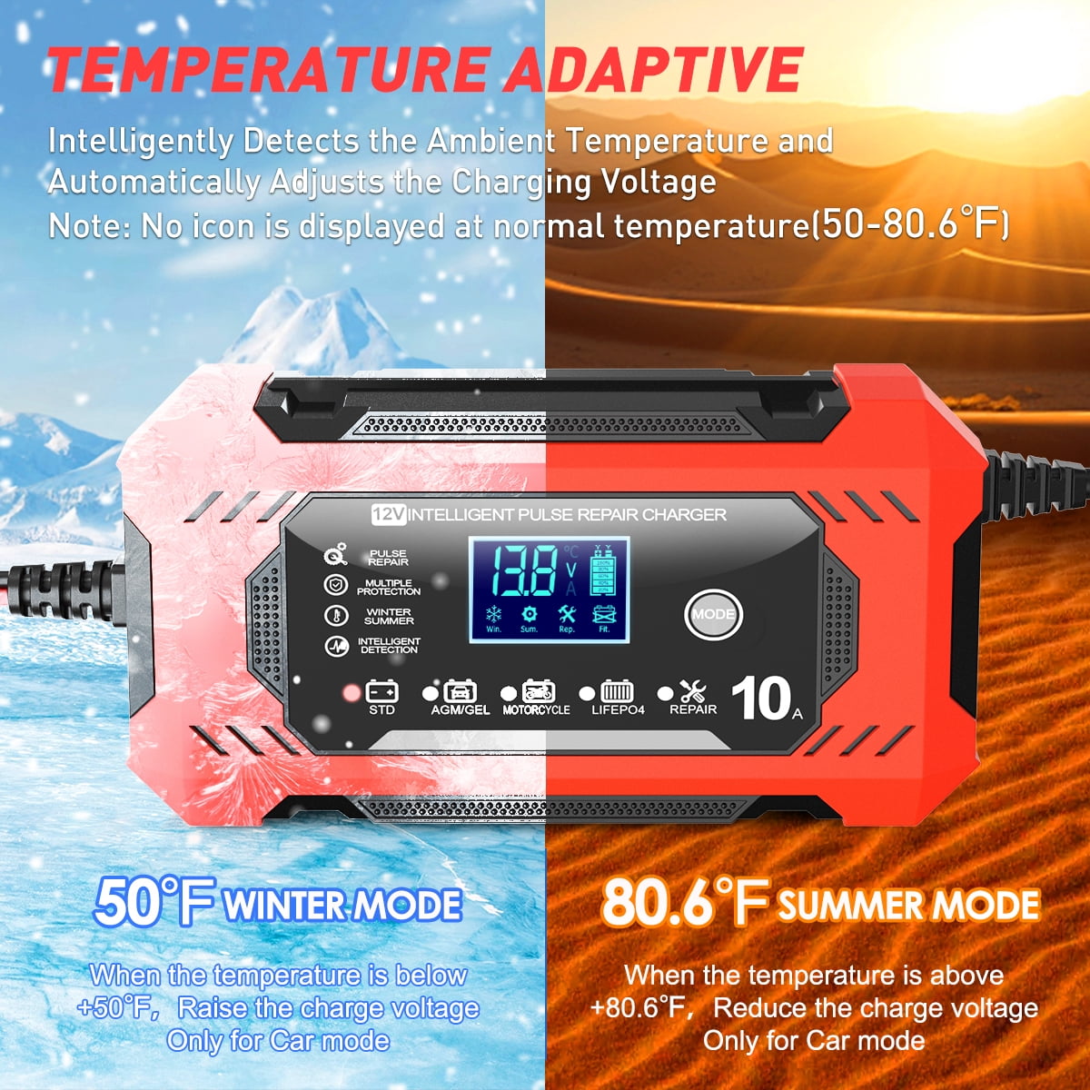 12V/10A Car Battery Charger, Battery Charger with Temperature Compensation Auto Stop, Multimodal Trickle Charger with Digital Display Screen, Touch Screen Battery Maintainer for Car Motorcycle