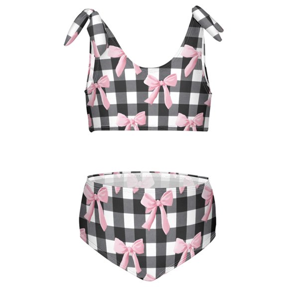 joogoo Girls 2 Piece Coquette Checkered Bow Print Swimsuit Set Kids with Adjustable Straps Bathing Suit Summer Beach Pool Swimwear for 7-8T