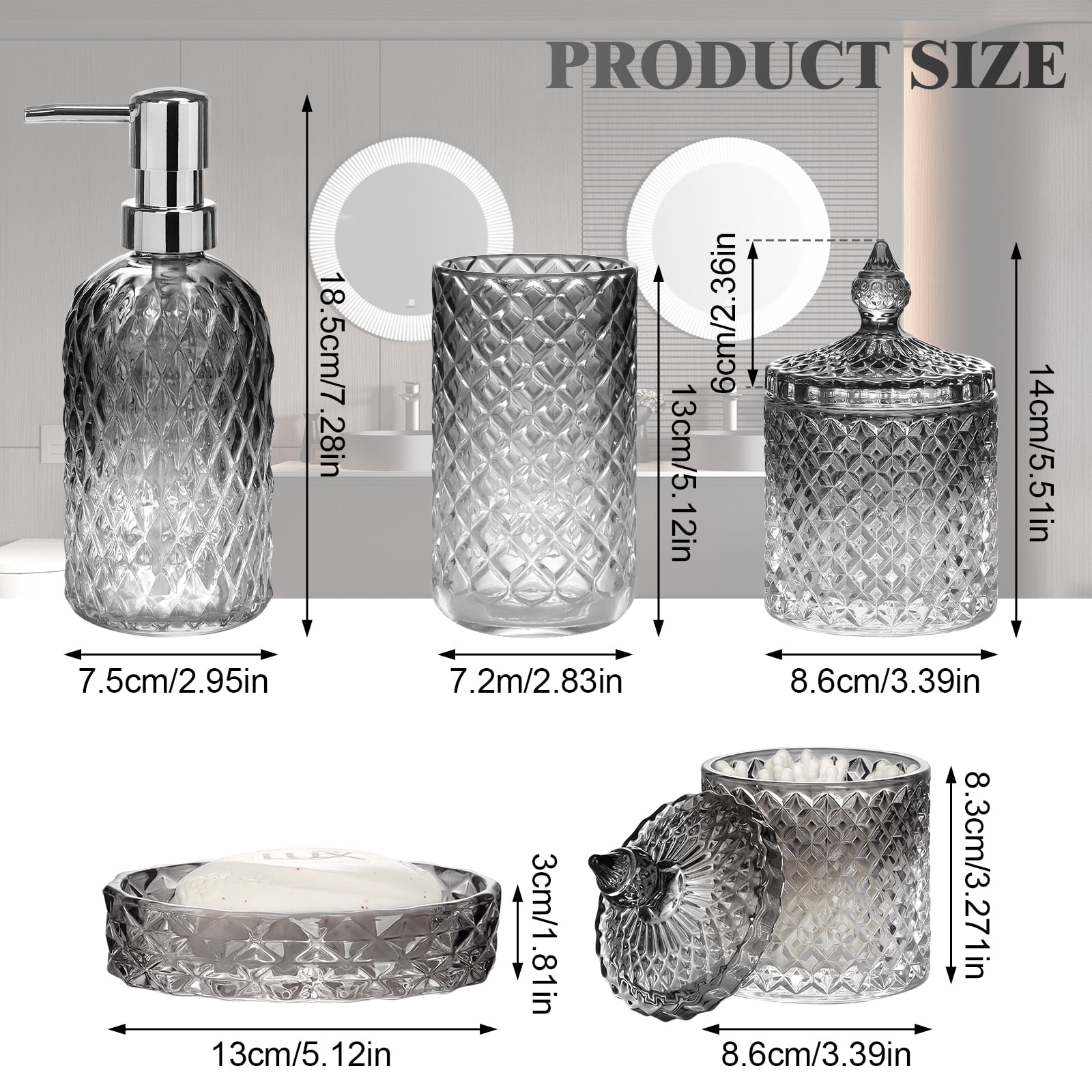 Bathroom Soap Dispenser Set, 5-Piece Glass Bathroom Accessories, Modern Bathroom Decor, Bathroom Glass Accessories Set, Gradient Dark Gray