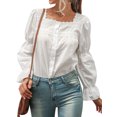 thumbnail image 3 of Women Lace Square Neck Buttons Down Flared Long Sleeve Shirt, 3 of 7