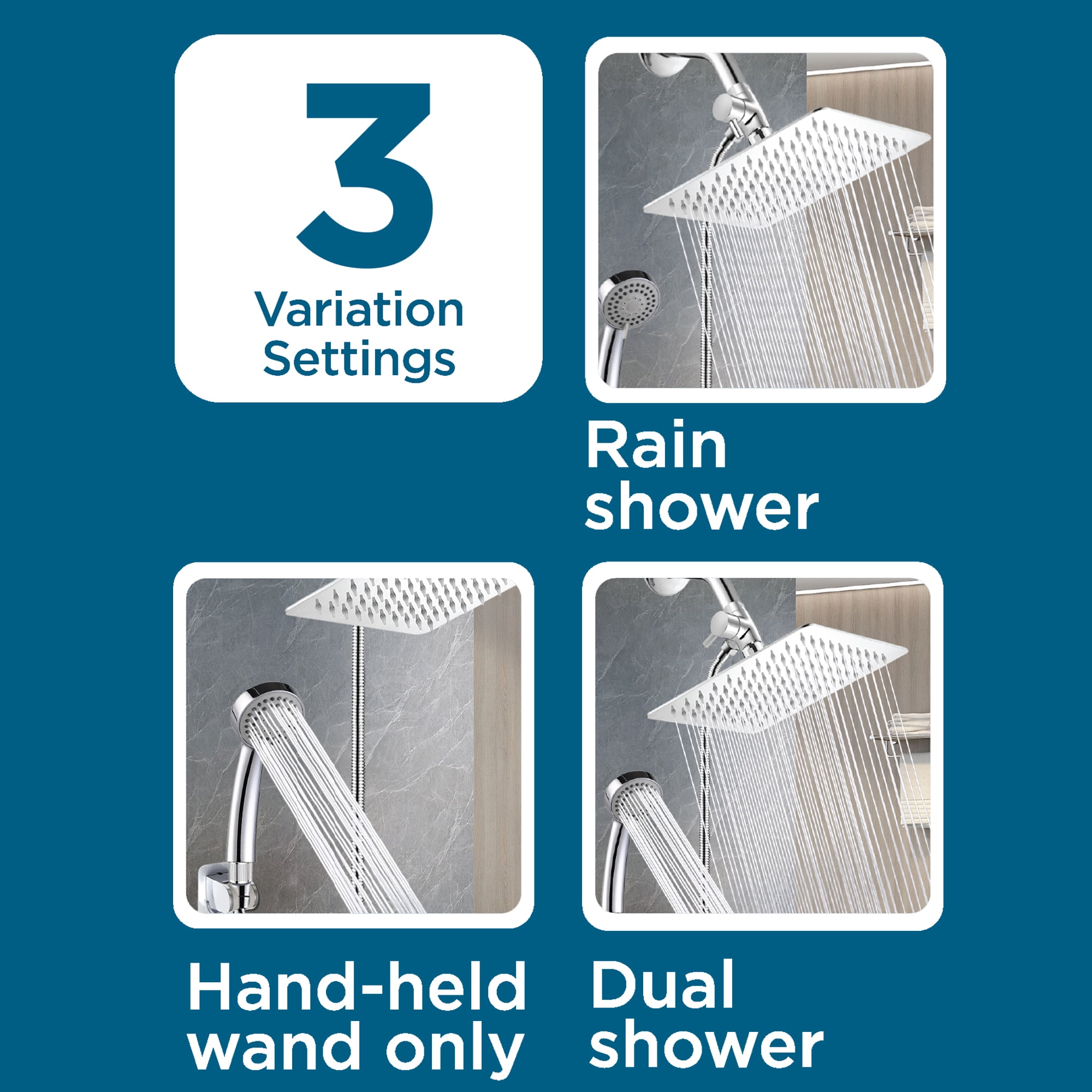 BLACK+DECKER Rainfall Shower Head with 3-Function Handheld Wand and Stainless Steel Hose, Chrome