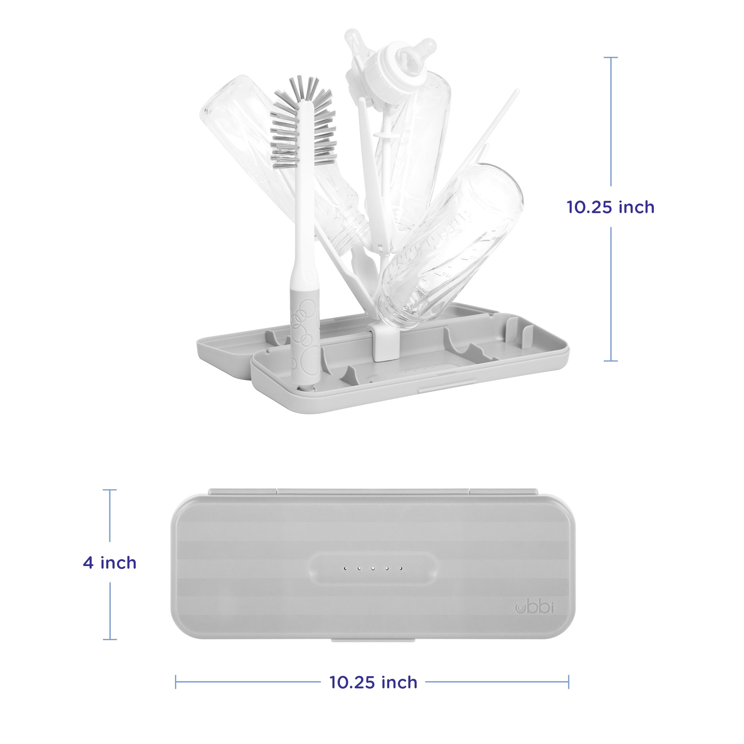 Ubbi On-The-Go Drying Rack and Brush Set, Includes Travel Case and Bottle Brush for Compact Storage, Holds up to 8 Bottles, Gray
