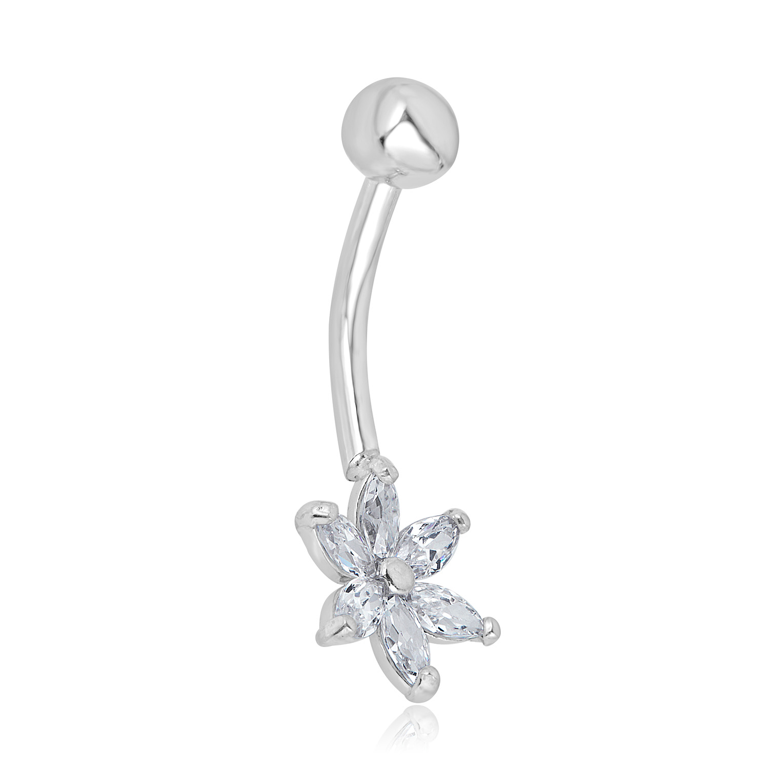 AVORA 10K White Gold Simulated Diamond CZ Floral Belly Button Ring Body Jewelry (14 Gauge)