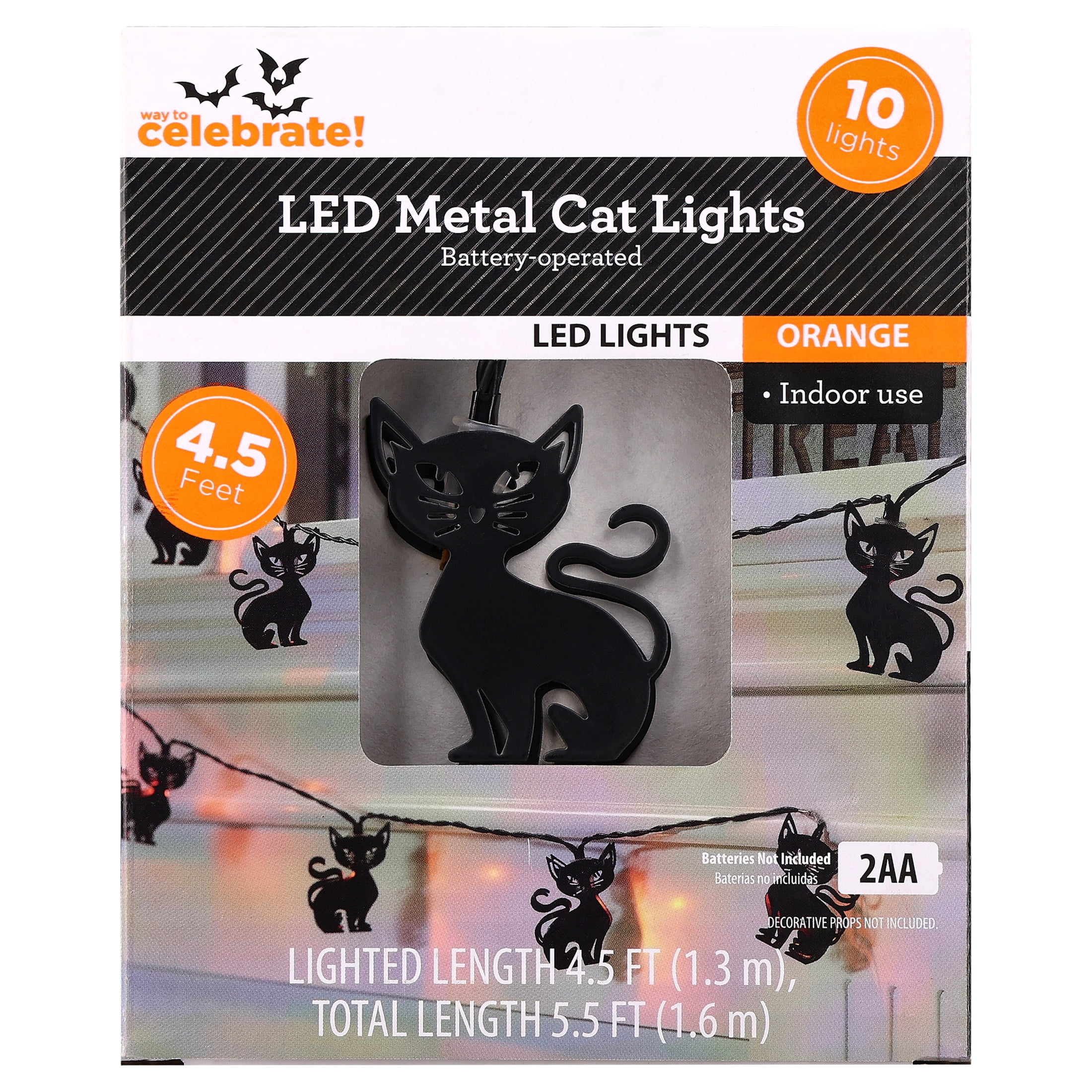 Indoor Battery-Operated LED Metal Cat String Lights, Orange, 4.5', Halloween by Way To Celebrate