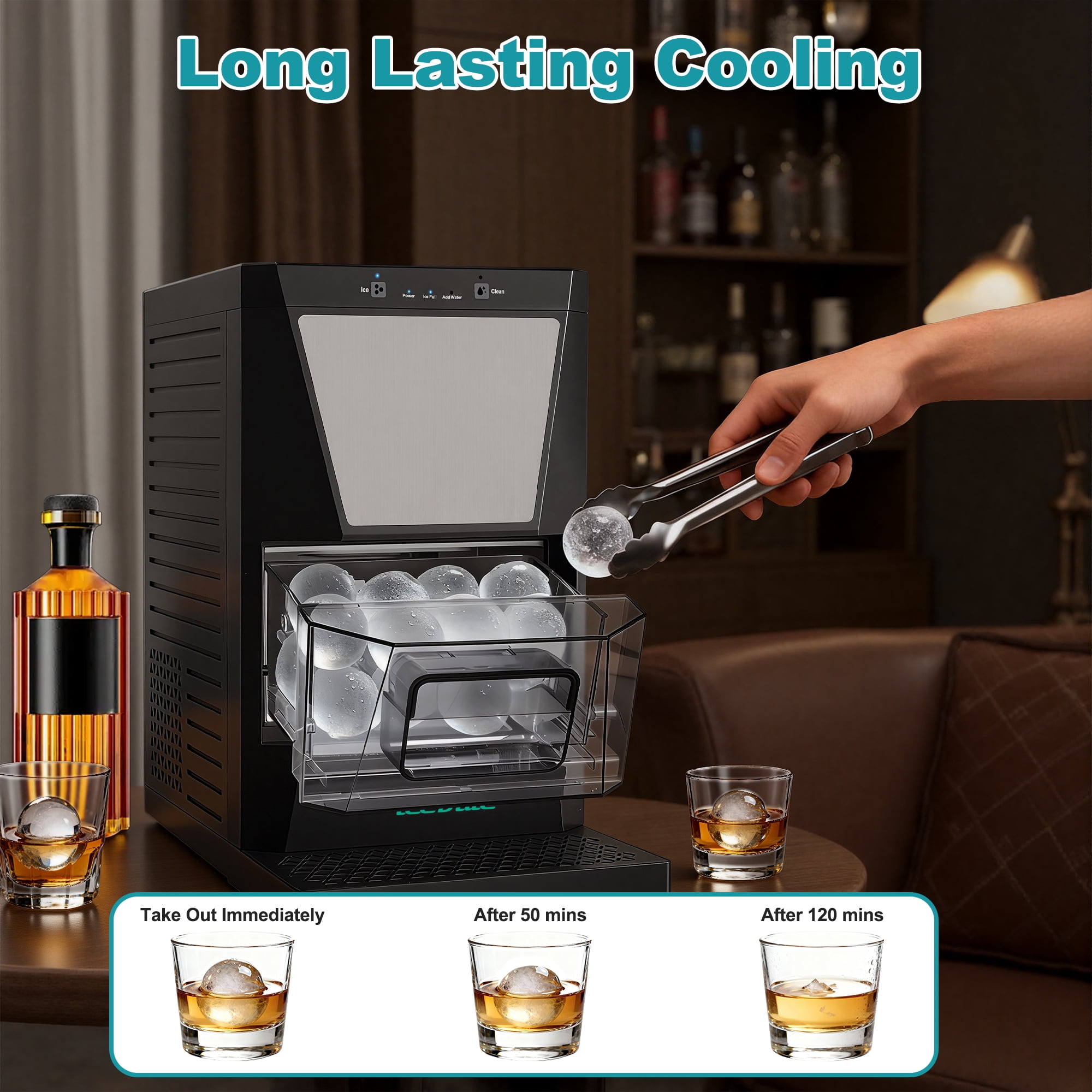 iceBlue Sphere Ice Maker Machine with Ice Tong & Self-Clean, 46 Pcs/24h, Ice Ball Maker for Home/Bar/Party, Black