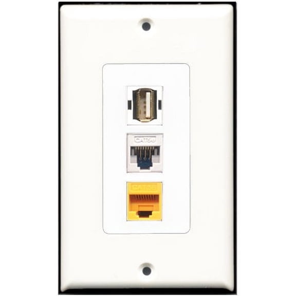 RiteAV - 1 Port USB A-A 1 Cat5e Ethernet White 1 Cat5e Ethernet Yellow Wall Plate Decorative