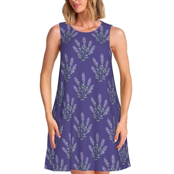 Bixox Lavender Flowers Print Women's Sleeveless A-Line Dress with Pockets, Casual Knee-Length Tank Dress for Summer-Medium