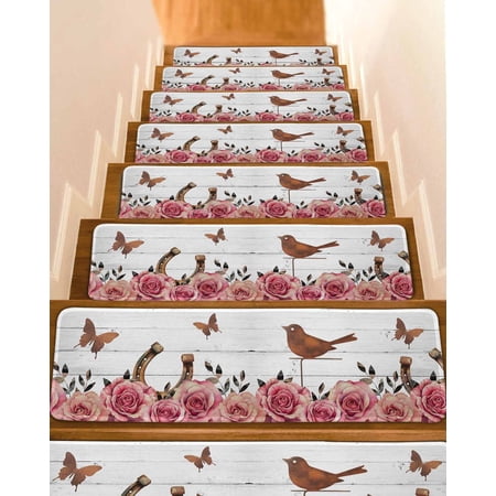Rose Horseshoes Bird Stair Treads Butterfly Vintage White Wood Grain Indoor Non Slip Peel and Stick Stair Treads for Wooden Steps 10 PCS, Soft Adhesive Staircase Mats Runner Rugs 8"x30"