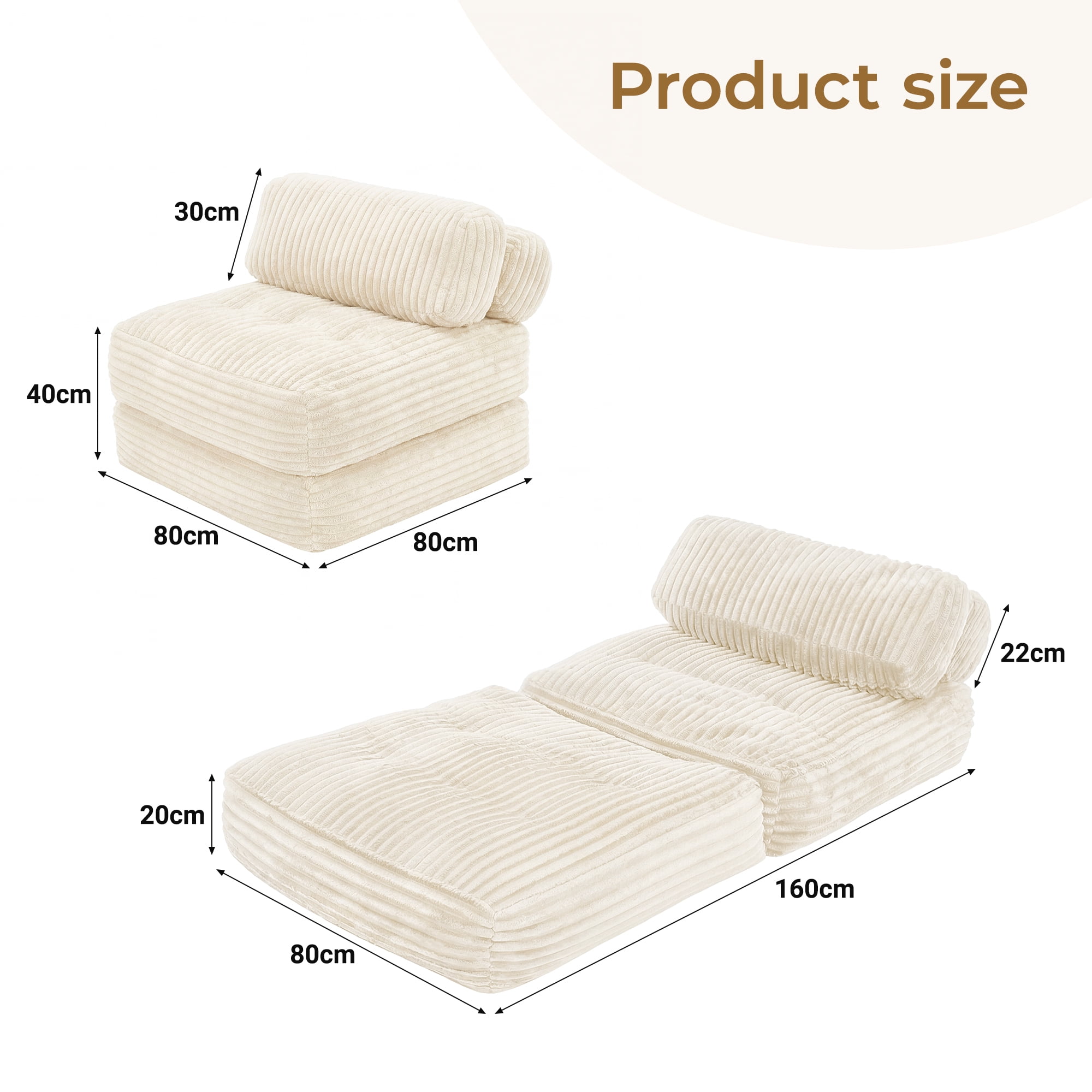 Neche Single Corduroy Convertible Sleeper Sofa - Folding, Pillow Included, Back Support, Portable for Living Room & Bedroom, Beige