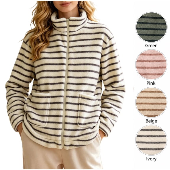 XRoczxe Women's Striped Fleece Jacket, Soft Sherpa Full Zip Pullover with Pockets, Cozy Warm Winter Coat for Casual Outdoor Fall Wear
