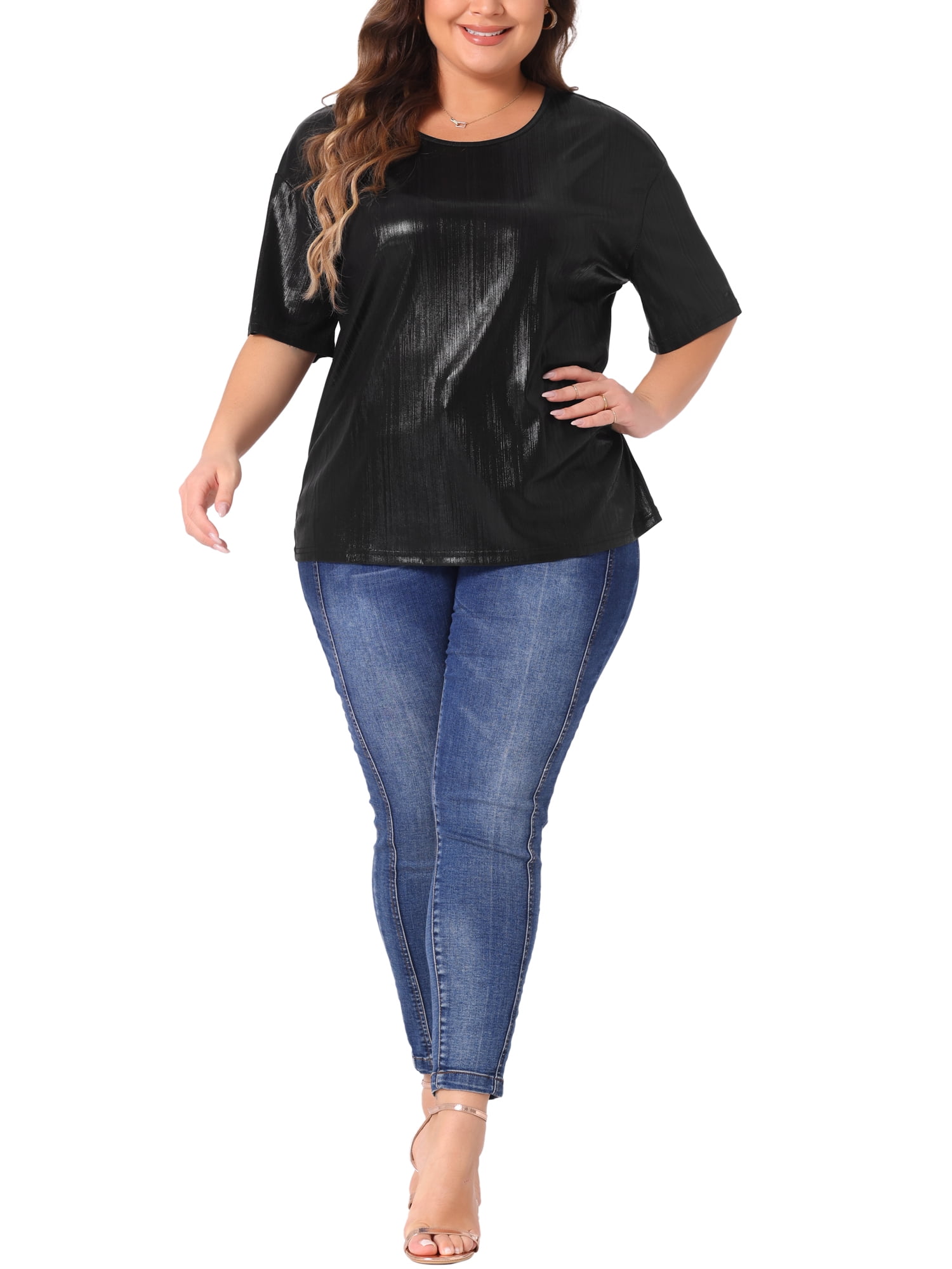 Agnes Orinda Women's Plus Size Tops Metallic Holographic Short Sleeve Concert Party Blouses 3X Black