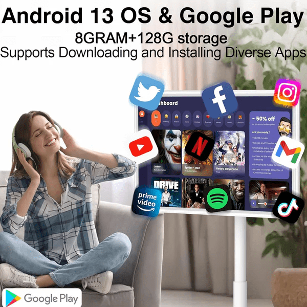 32 inch Portable 4K UHD Smart TV on Wheels with 32" Touch Screen Monitor with Built-in Camera Full Swivel Rotation Remote Control Android 13 OS