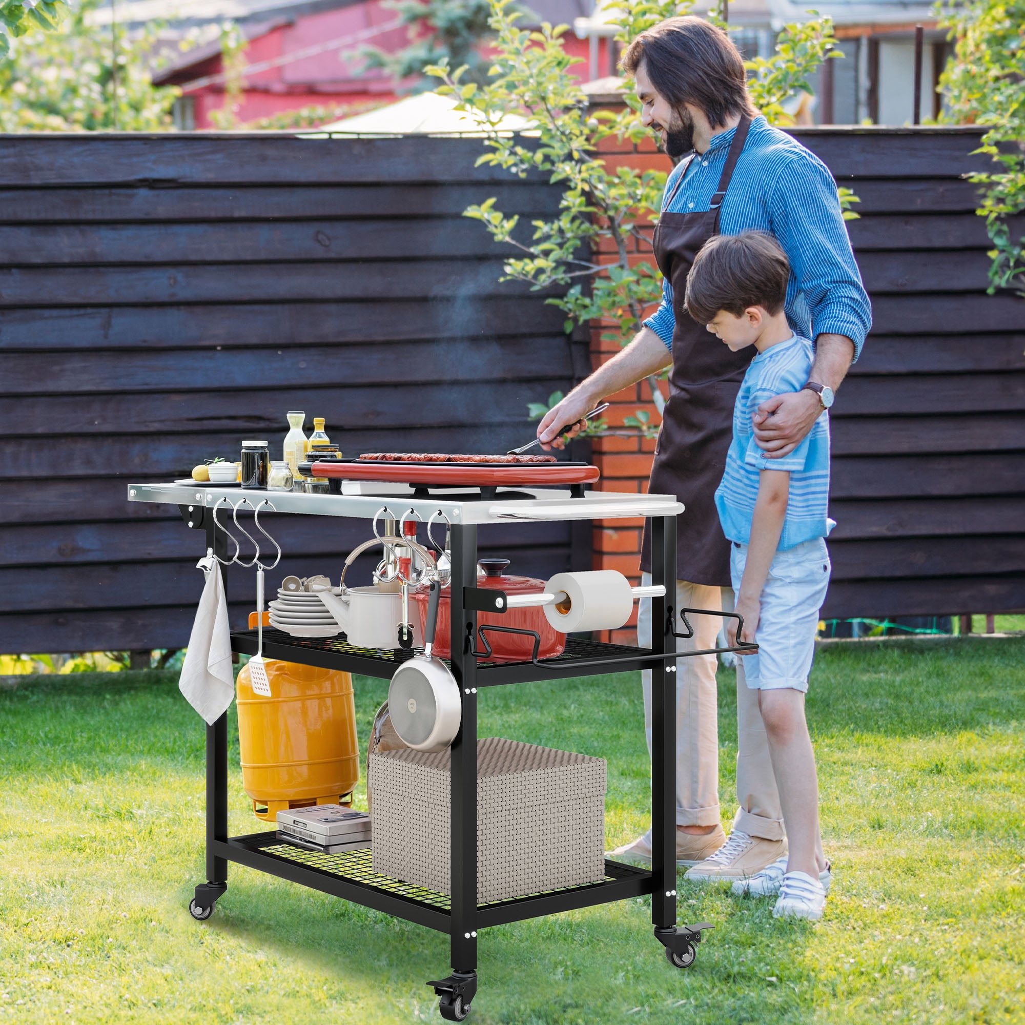Uforic Rolling Outdoor Grill Table with Wheels, 3-Shelf Pizza Oven Cart and Folding Extension Board