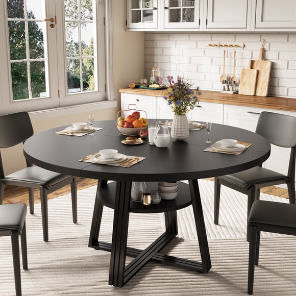 Yeshouse Mesa de comedor redonda de 120 cm para 4-6 personas, diseño rústico con espacio de almacenamiento, ideal para cocina, comedor, sala, reuniones y apartamento