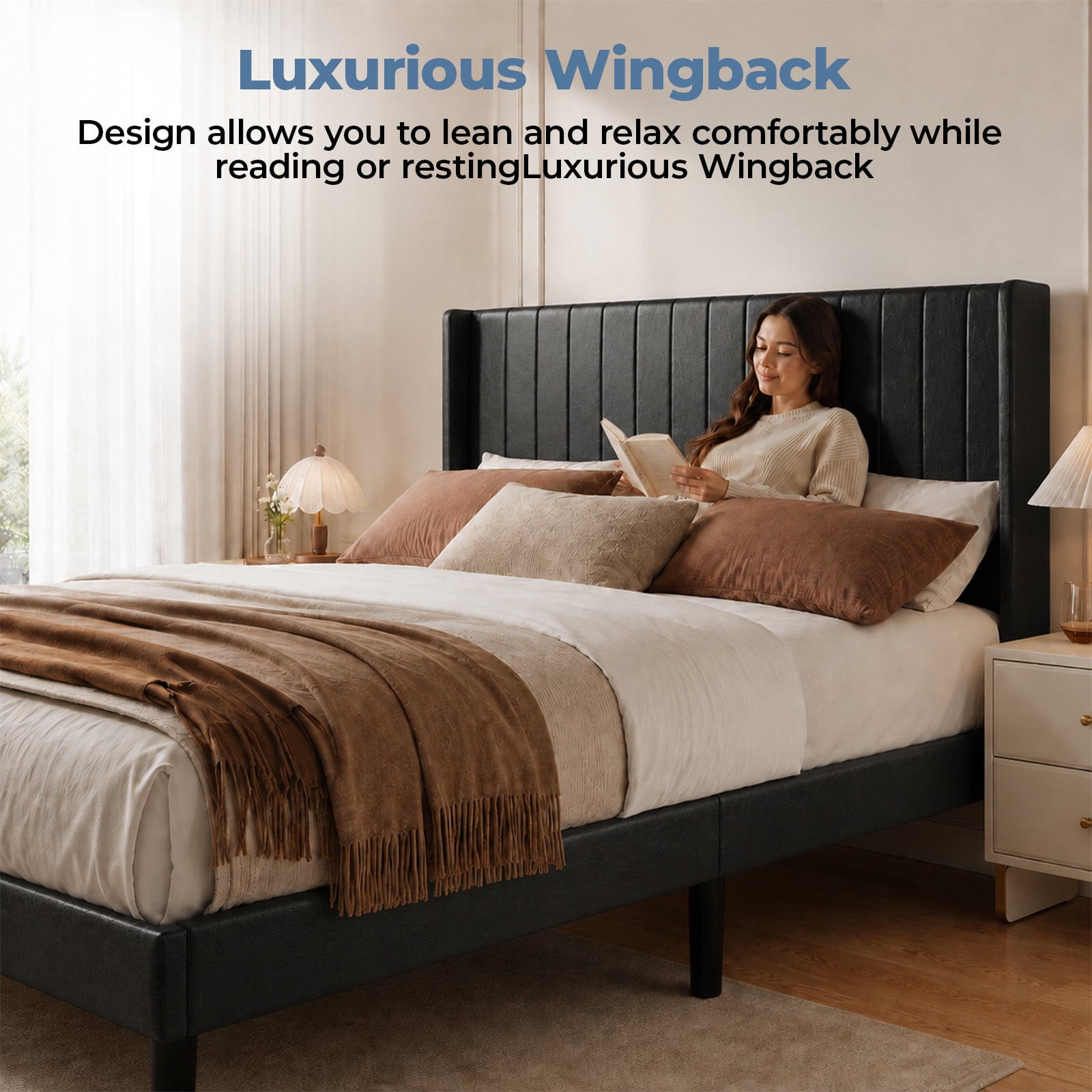 Alvantor Upholstered Bed Frame, Fabric-covered Wing-shaped Headboard and Wooden Crossbars, Bed Frame with Storage Space, Easy Assembly, Noise Free, No Box Spring Needed