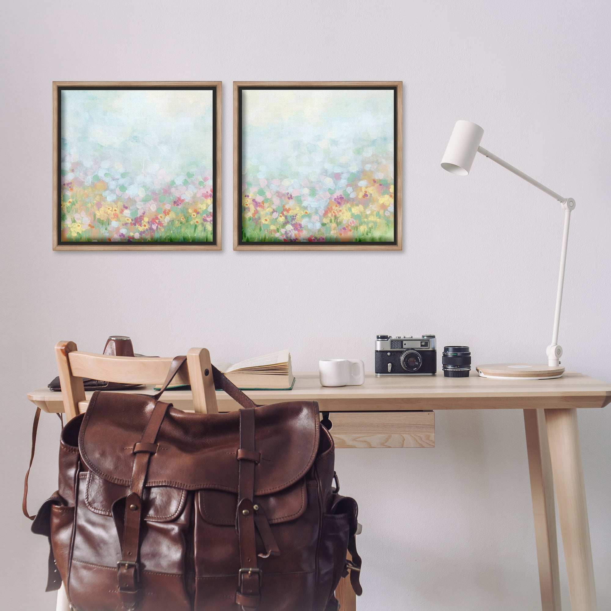 Stupell Industries Pastel Spring Flower Field Abstract Painting Brown Floater Framed Canvas Art Print Wall Art, 18 x 18, Set of 2