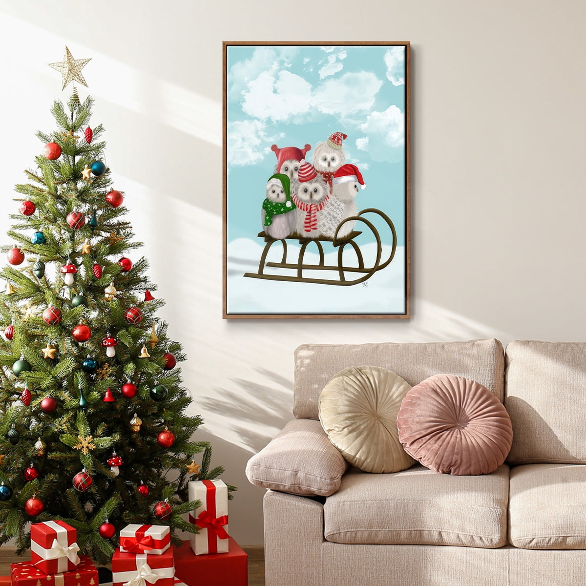 Christmas Christmas Owl Sled - Framed Gallery Wrapped Holiday Canvas - 27 x 41 - Rosewood Frame
