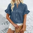 thumbnail image 2 of Timegard Tops for Women Ruched Ruffle Short Sleeve Stand Collar Shirts Casual Loose Button up Blouse, 2 of 5