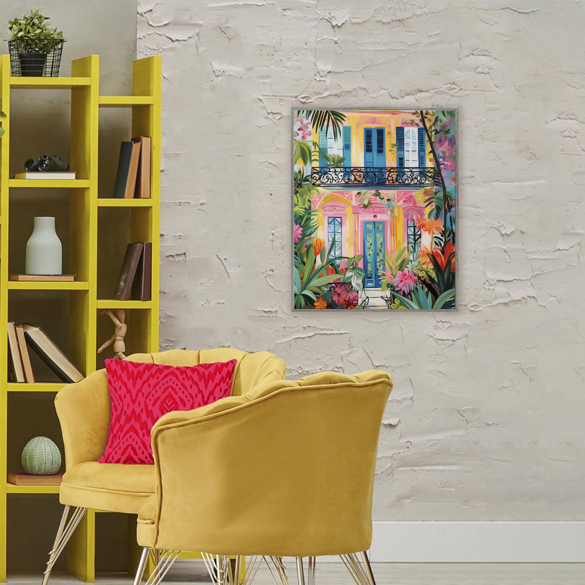 Stupell Industries Colorful Facade with Tropical Garden Gray Framed Giclee Art, design by LSR Design Studio