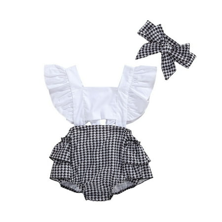 

Newborn Baby Girls Flying Sleeve Romper Jumpsuit + Bow Headband