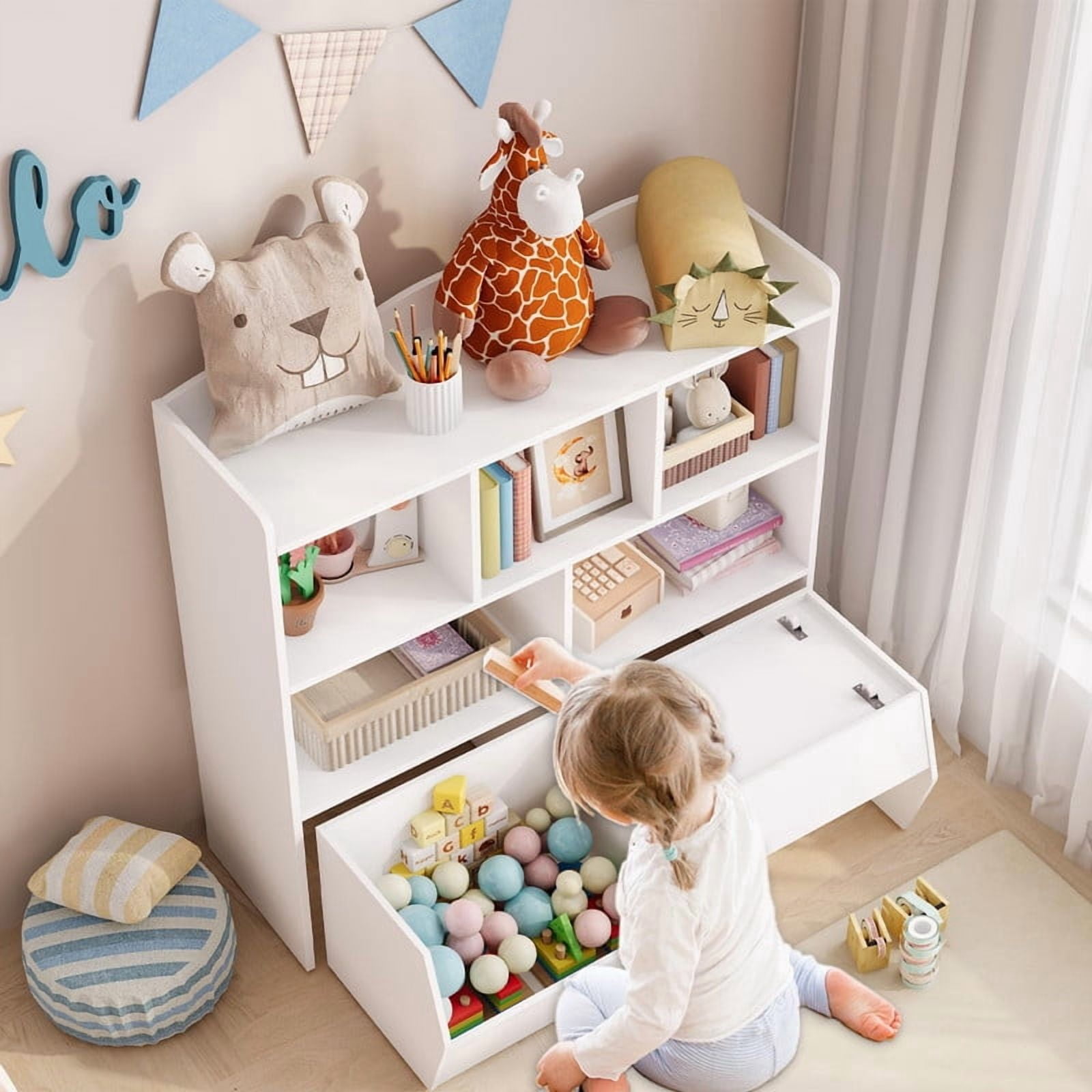 TROPOW Toy Storage Organizer with Movable Drawers, Kids Bookshelf with Hidden Wheels & Open Cubbies, Multifunctional Floor Storage Chest for Playroom