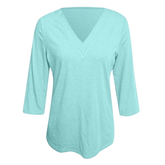 XIYON Blouses For Women Fashion Solid Color 3/4 Sleeve Blouse V Neck Casual Loose Top Classic 2026 Trendy Clothes