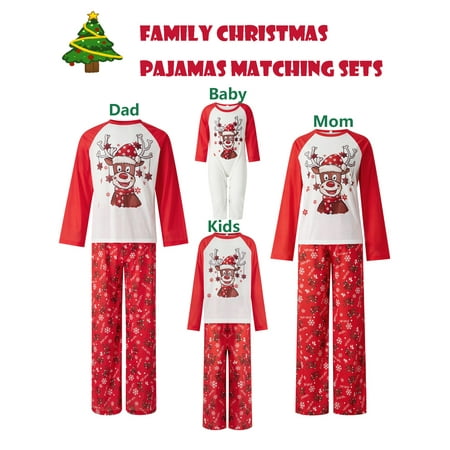 

Christmas Family Pajamas Long Sleeve Deer Crew Tops Romper Full Deer Snowflake Long Pants Parent-Child Christmas Nightwear