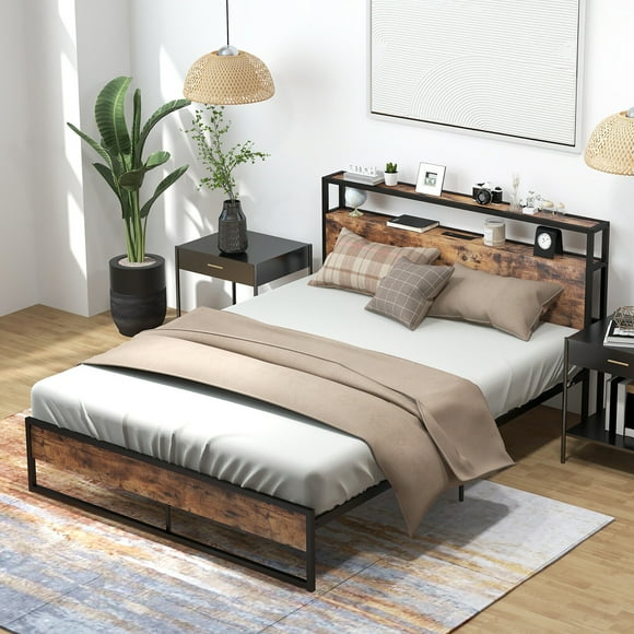 Gymax Queen Size Industrial Platform Bed Frame with Charging Station Storage Headboard