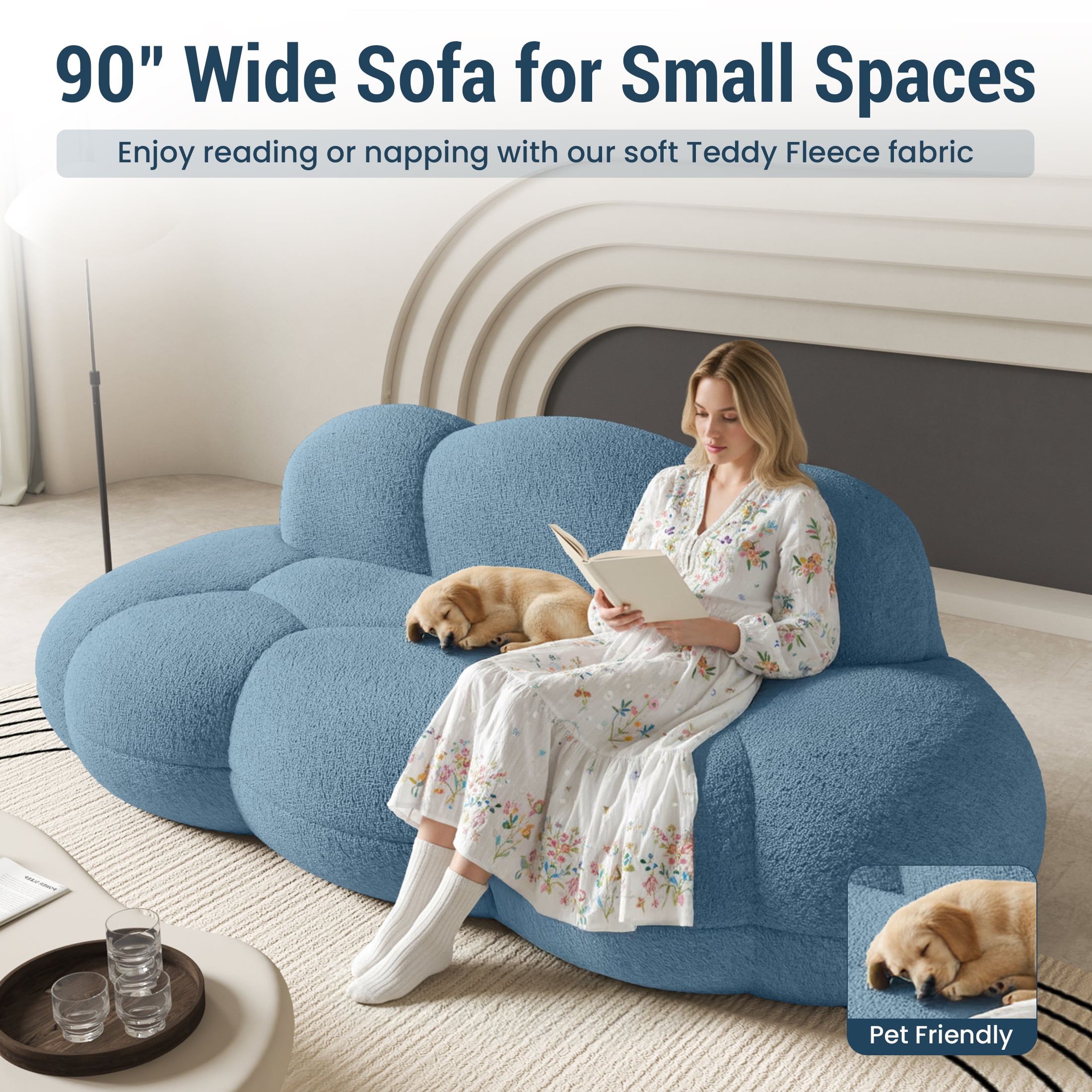 90" Modern Curved Cloud Shaped Couch for Living Room, Boucle LoveSeat 3 Seater Sofa, Upholstered Cloud Couch for Bedroom, Apartment, Small Space (Blue, No Assembly Required)