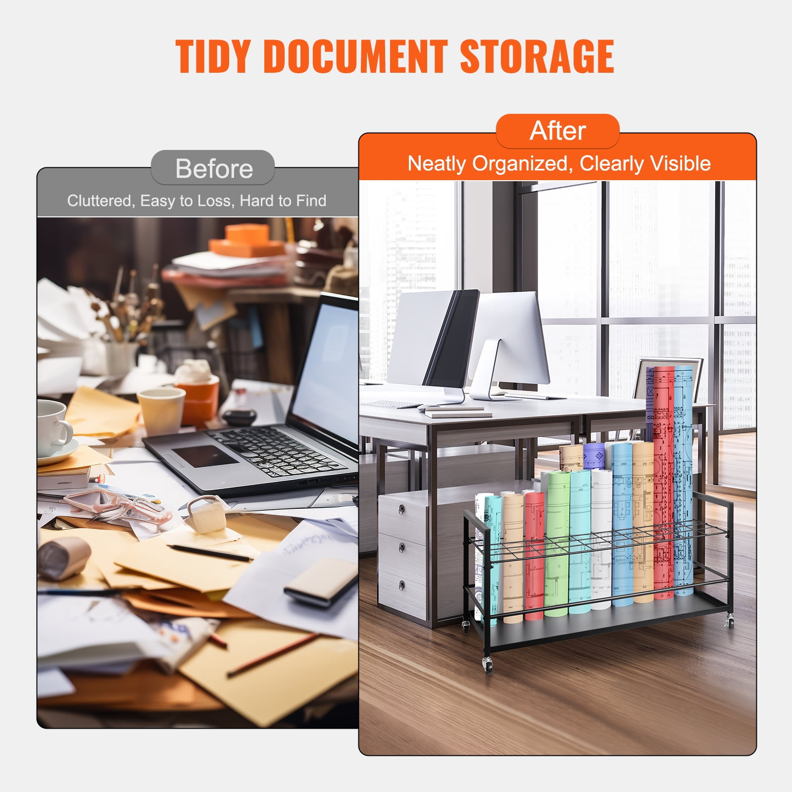 SKYSHALO Mobile Blueprint Organizer, 50-Compartment Metal Cart with Casters, Versatile Roll File Storage for Maps, Posters, Plans, Suitable for Architects, Schools, and Offices