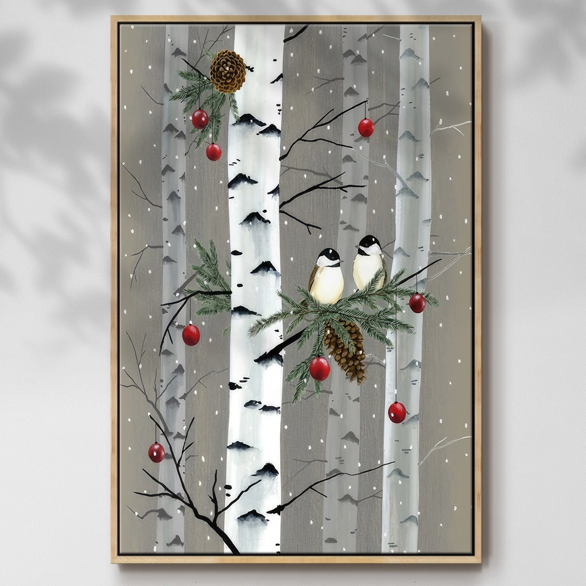 Birch Birds I - Framed Gallery Wrapped Holiday Canvas - 27 x 41 - Natural Wood Frame