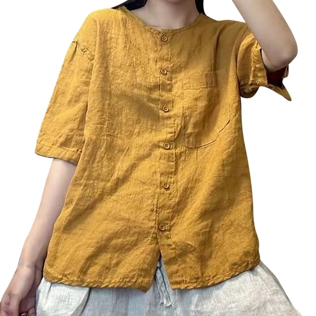 Camisa de lino de manga corta y cuello redondo para mujer: cárdigan vintage holgado, material de poliéster, tallas M-XXXL, top versátil y elegante para todas las estaciones