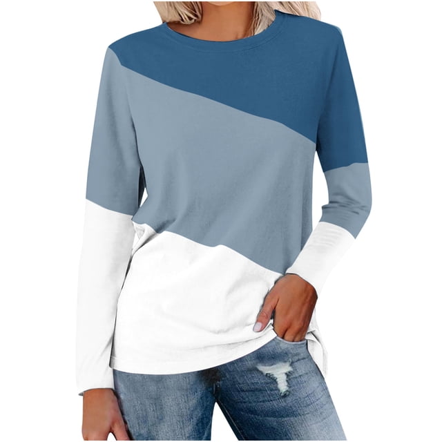 KIHOUT Spring Winter Womens Tops Solid Color Block Round-Neck Long Sleeve Loose Sweatshirts Blouse Top