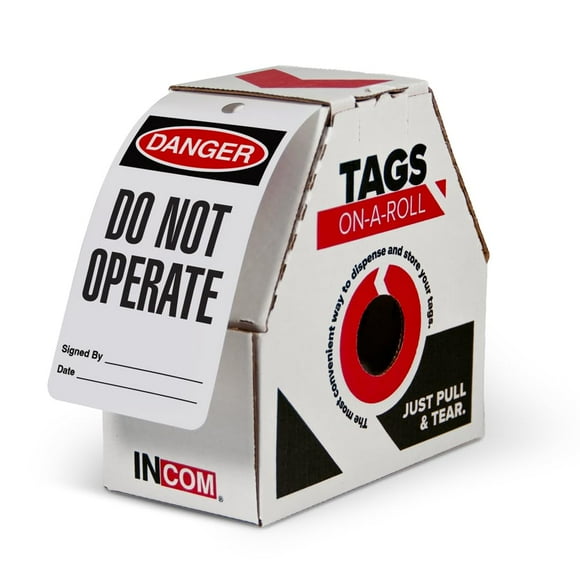 INCOM Étiquettes de Verrouillage de Fabrication en Rouleau, Danger Ne Fonctionne Pas, Robuste Durable, Étanche et Résistant aux Déchirures, Rouge/noir sur Blanc, 6.25 Pouces X 3