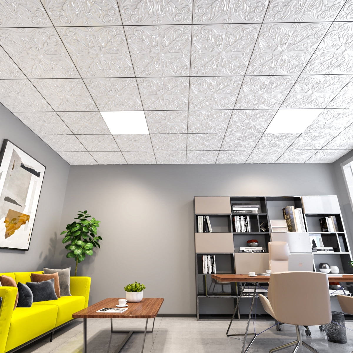 Art3d 12-Pack Decorative Drop Ceiling Tile 2ft x 2ft in Matte White, PVC Ceiling Panel 24 x 24in.